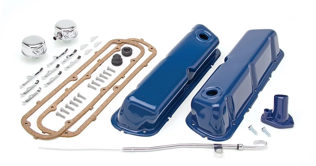 3061 – TRANSDAPT Engine Dress Up Kit, 1962-1985 Small Block Ford 260-351W Ford Blue Powder Coated Steel Breather/ Gro...